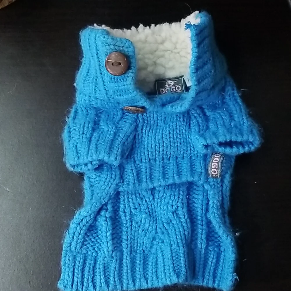 Blue Knit Cable Dog Sweater with Sherpa Collar